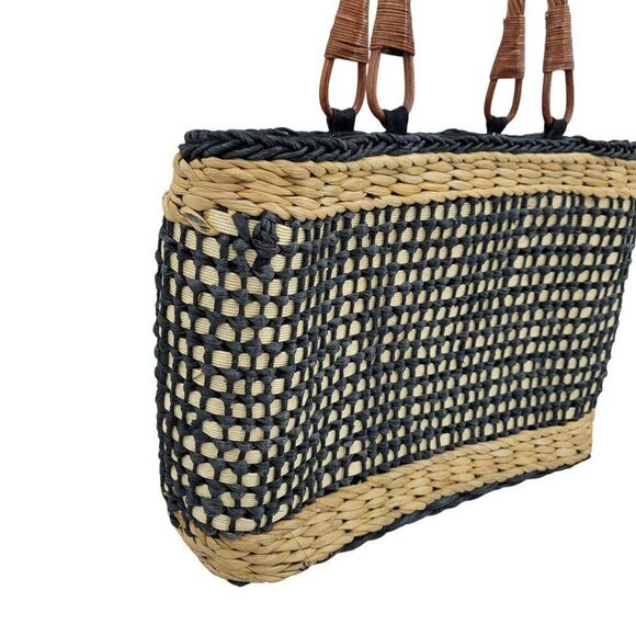 The Sak Woven Straw Rattan Basket Tote Bag Black Neutral Checkered Top Handle - Picture 5 of 8